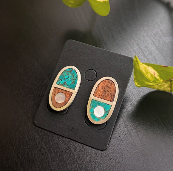 Turquoise & Wood Oval Stud Earrings