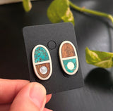 Turquoise & Wood Oval Stud Earrings