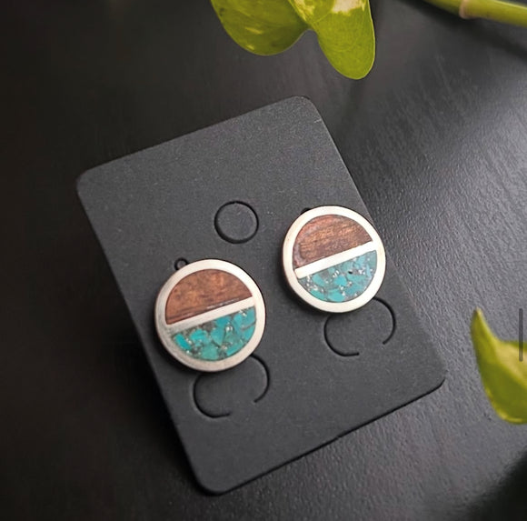 Turquoise & Wood Disc Stud Earrings