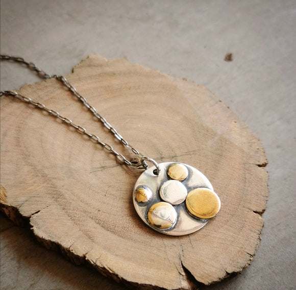 Silver with Brass Accents Disc Pendant Necklace