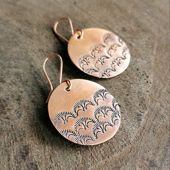 Copper Half Stamped Disc Earrings